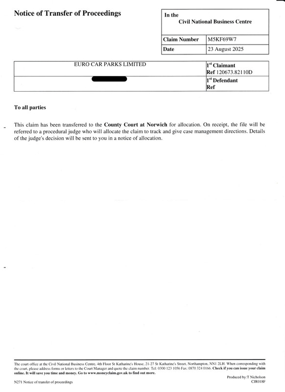 Notice of Transfer of proceedings