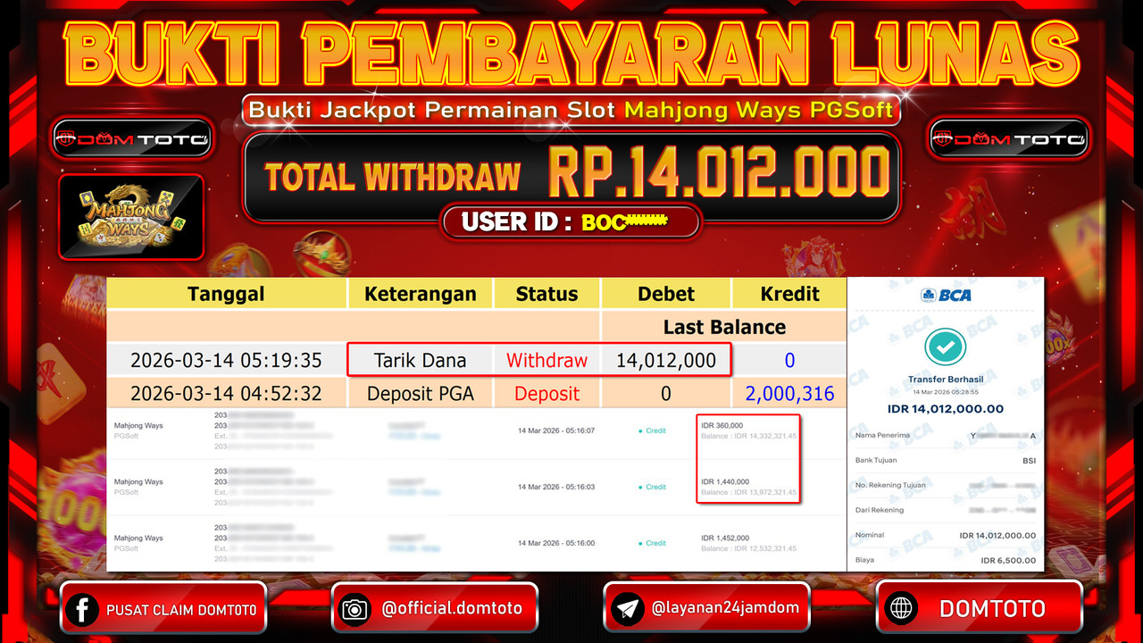 JACKPOT SLOT Mahjong Ways PGSoft 14 MARET 2026