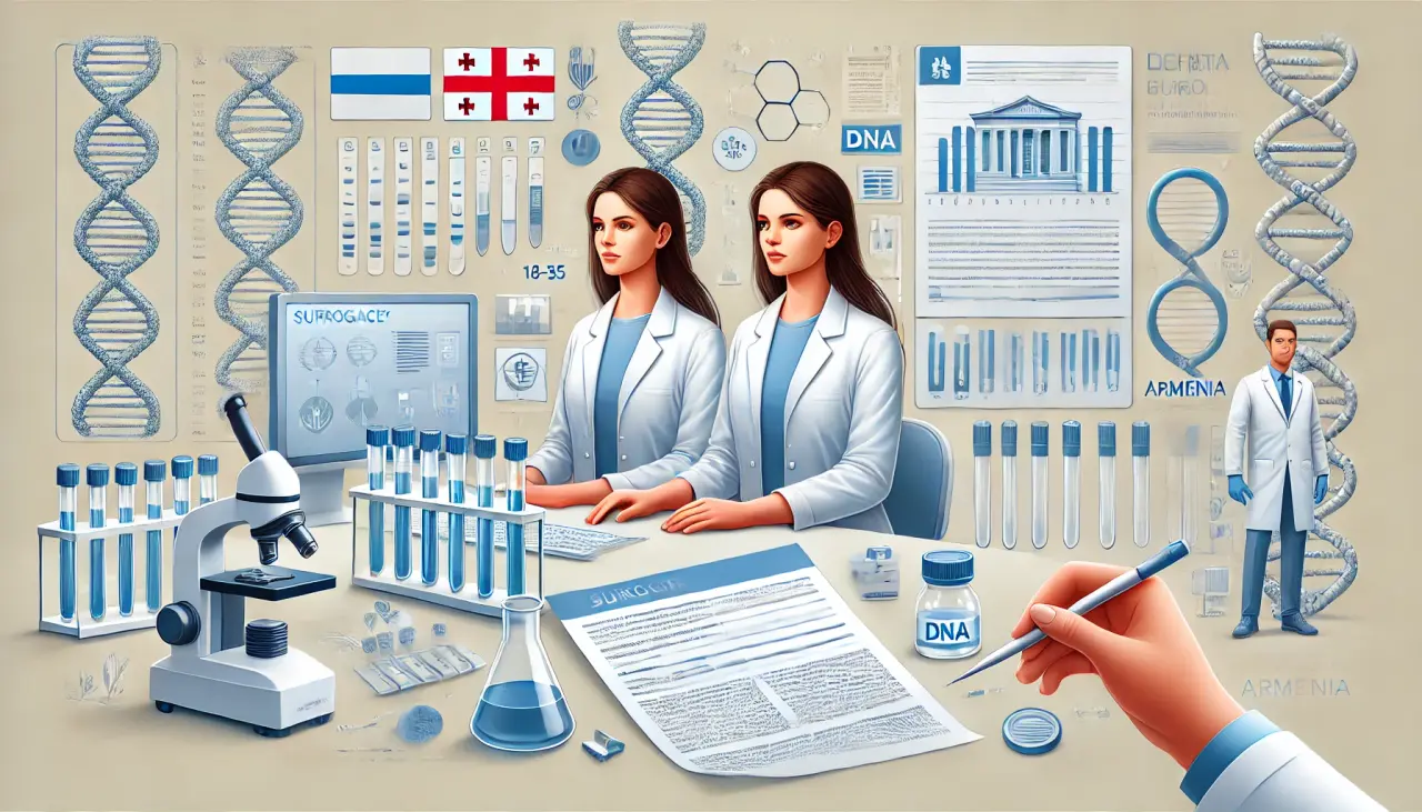 Surrogate mothers undergoing medical and genetic tests, reflecting legal frameworks and regulations in Georgia and Armenia.