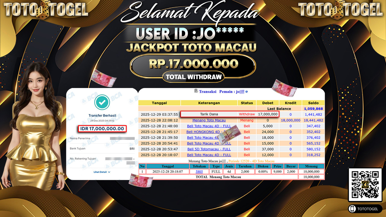 Bukti Pembayaran Jackpot Permainan Togel Toto Macau ID:JO**** LUNAS