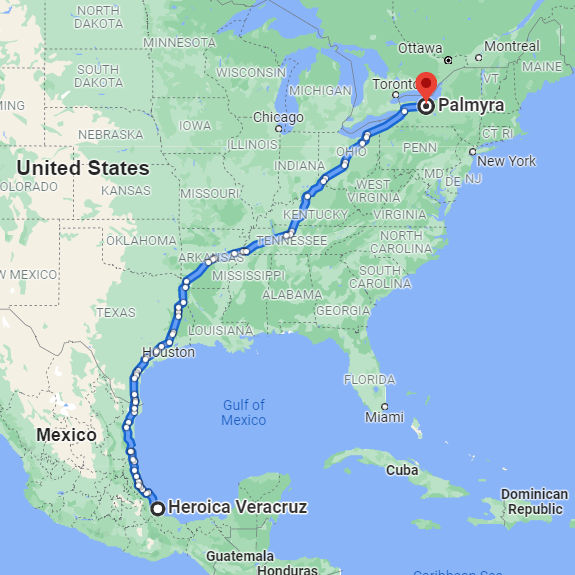 Google Maps directions from Veracruz, Mexico, to Palmyra, New York, United States