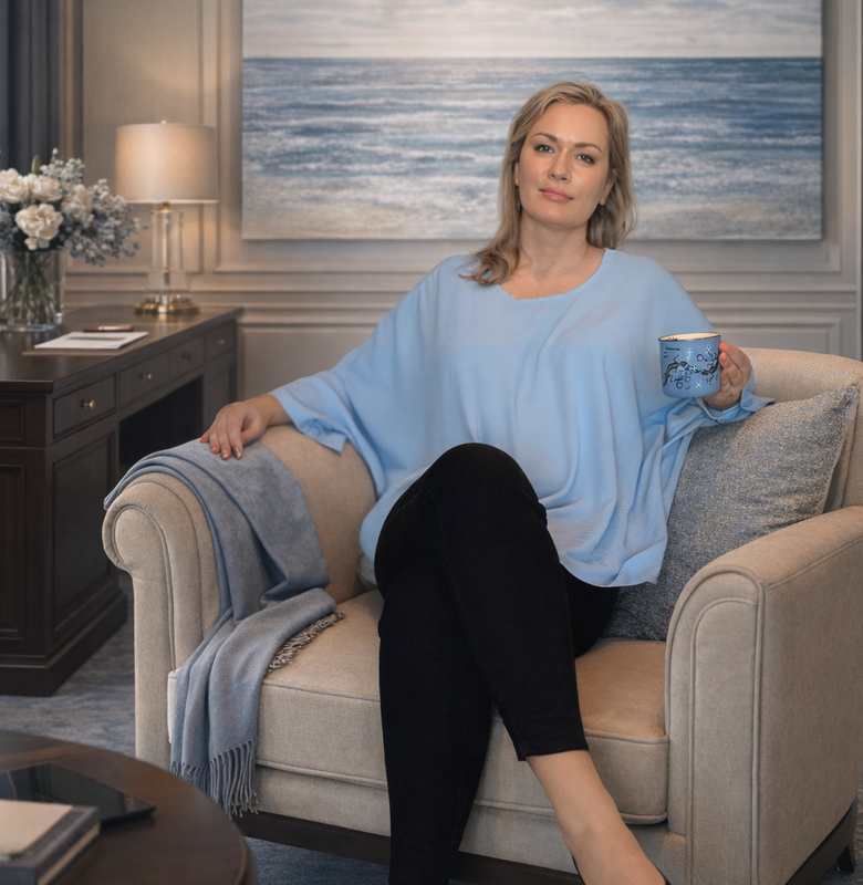 Professional portrait of a positive psychology and burnout recovery coach sitting comfortably in an armchair holding a mug, set against a calming background with an ocean painting.