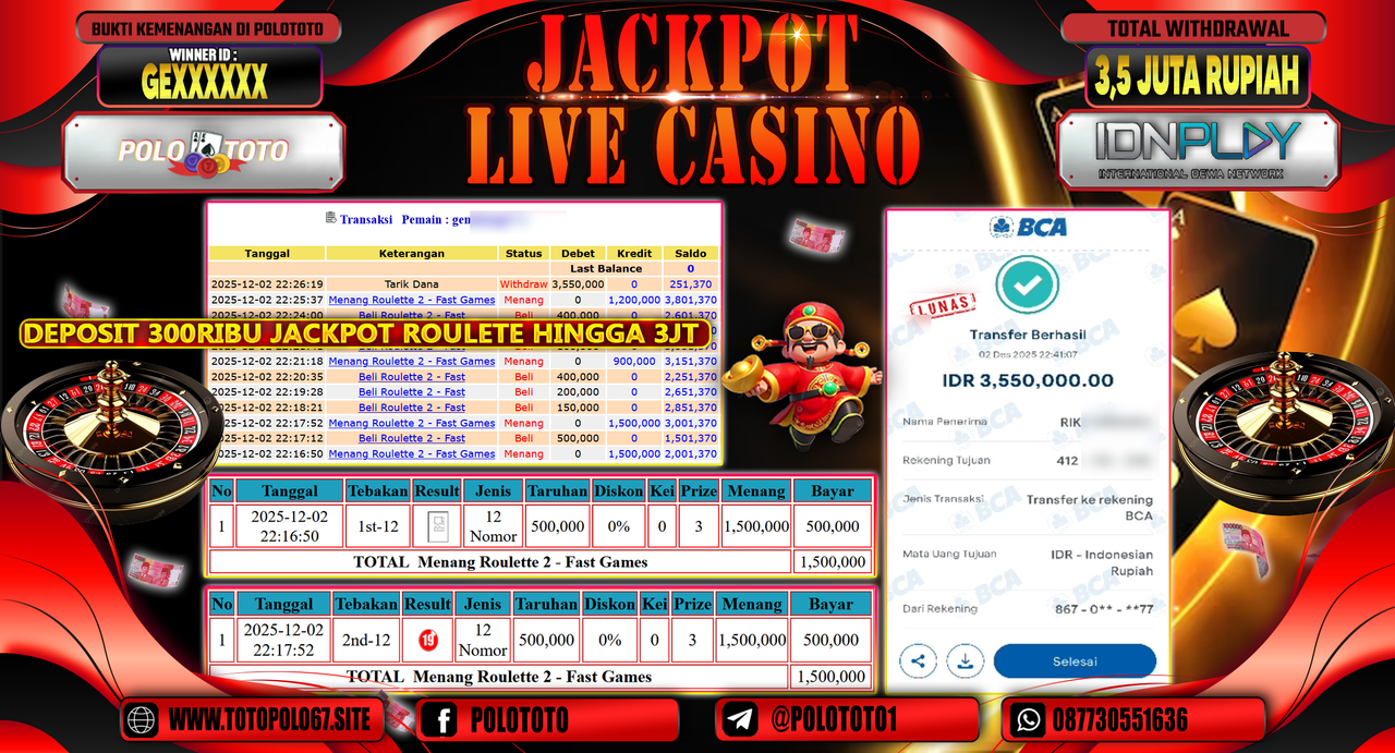 POLOTOTO JACKPOT LIVE CASINO MENANG ROULETTE 2 - FAST GAMES Rp.3.500.000,- LUNAS