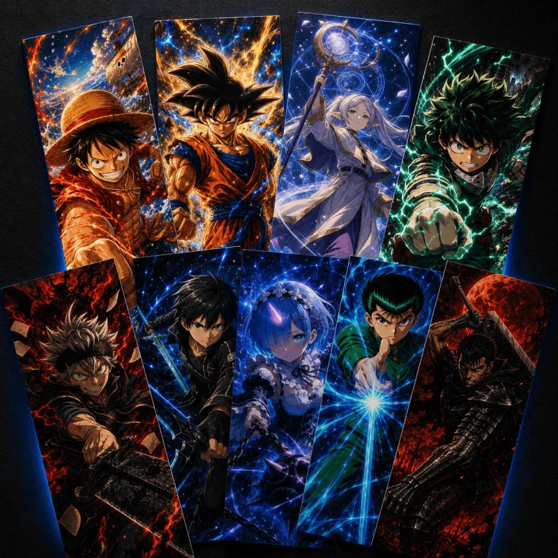 Coleção de mais de 500 marcadores de anime espalhados em leque