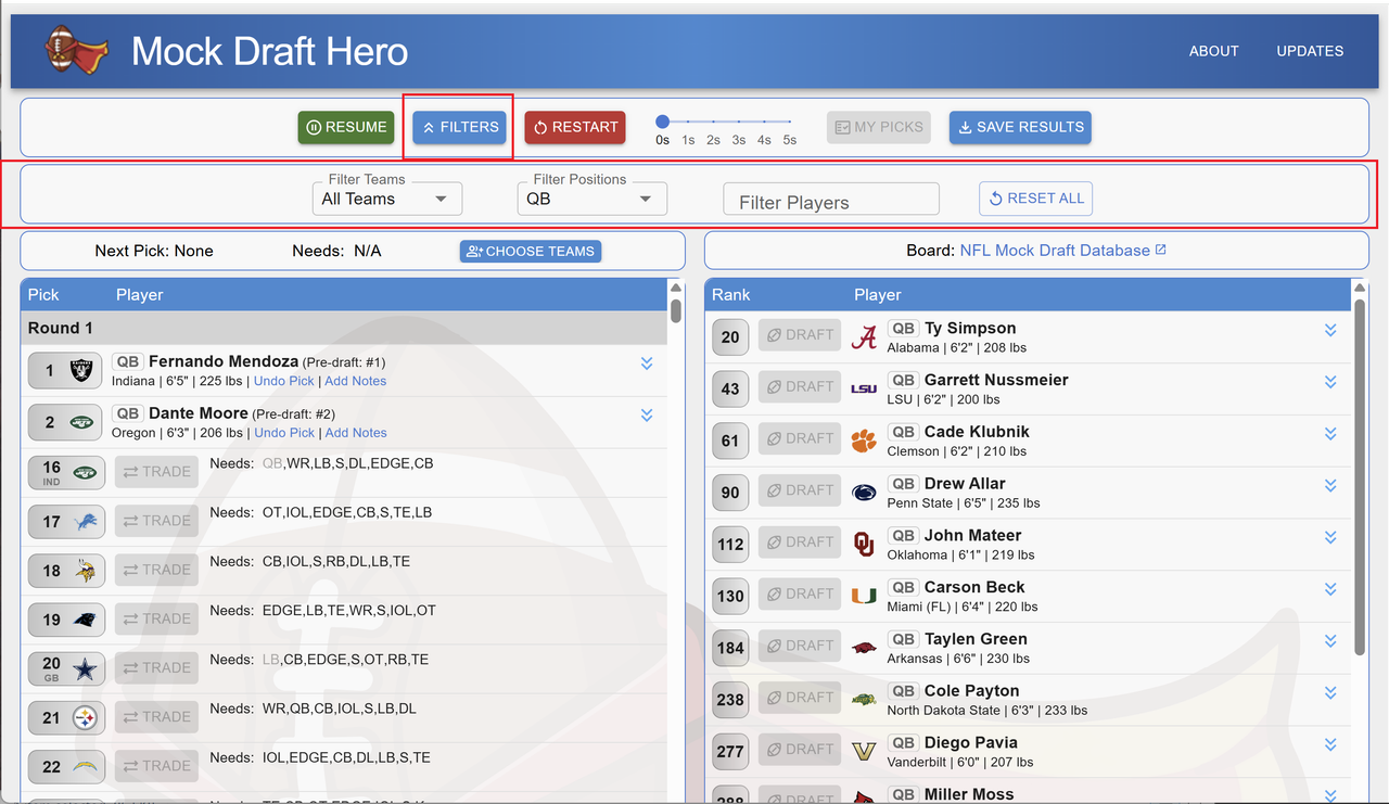 mock draft hero filters