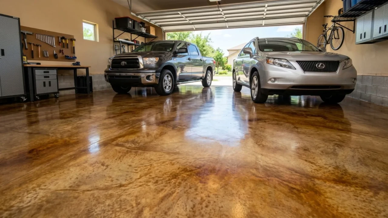 Stained garage floor finished in earth tone color in San Antonio home
