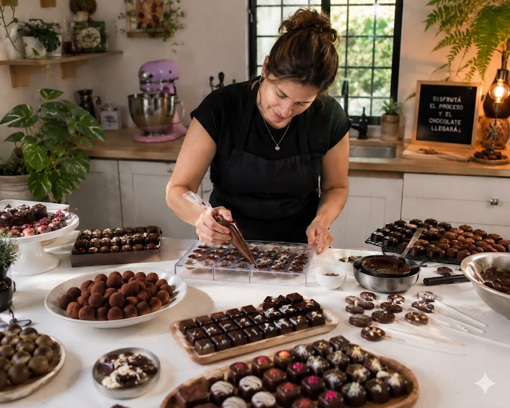 Mujer chocolatera creando bombones artesanales con diseños premium
