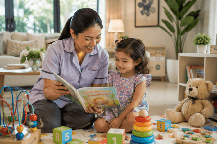 Filipino nanny teaching a young girl