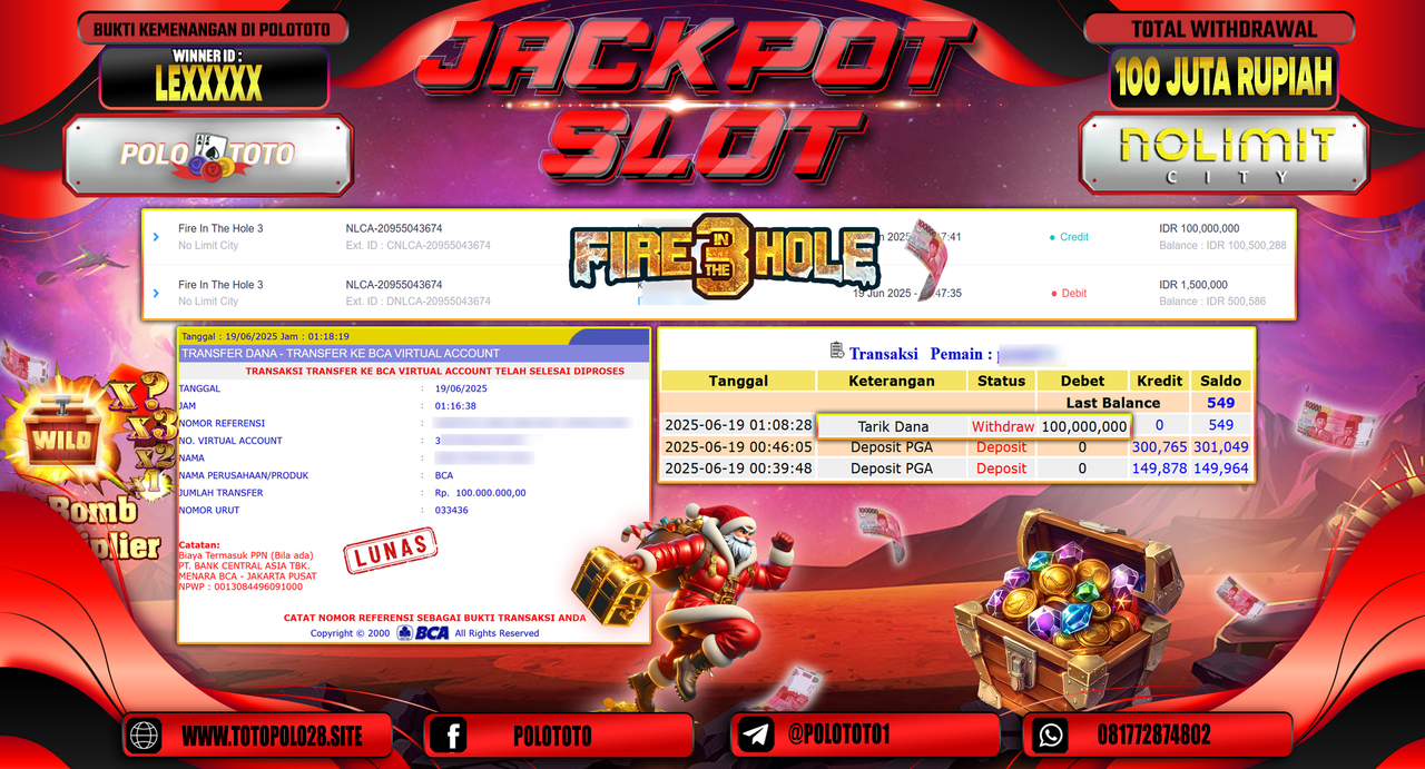 POLOTOTO JACKPOT SLOT FIRE IN THE HOLE 3 Rp.100.000.000,- LUNAS