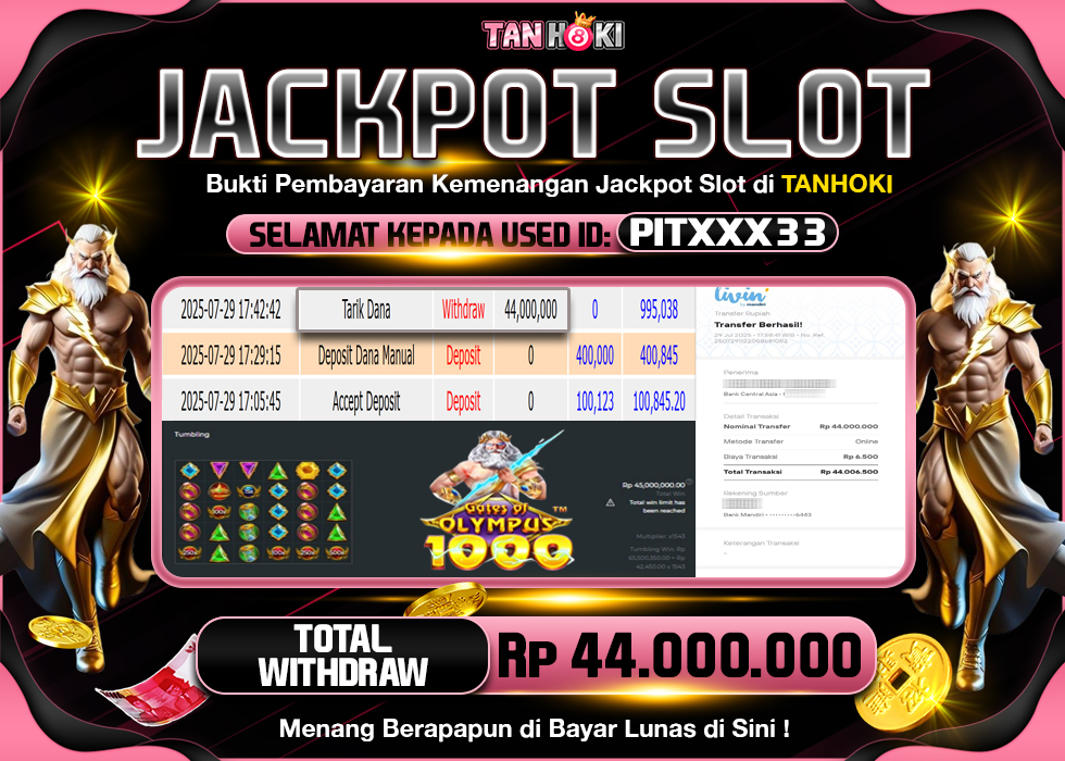 TANHOKI JACKPOT SLOT GATES OF OLYMPUS 1000 Rp.44.000.000,- LUNAS