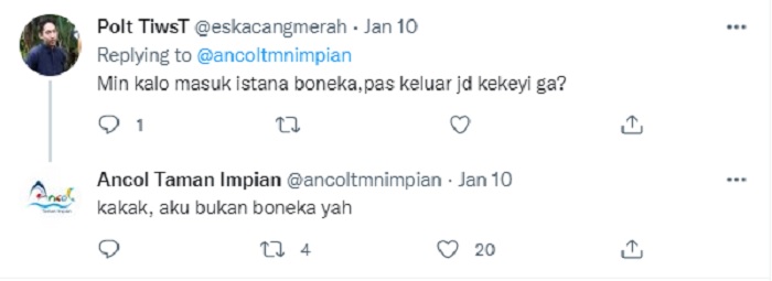 Jawaban kocak admin Twitter Ancol dalam menanggapi komentar warganet terkait spirit doll di Dufan.