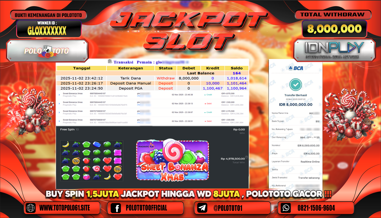 POLOTOTO JACKPOT SLOT SWEET BONANZA XMAS Rp.8.000.000,- LUNAS