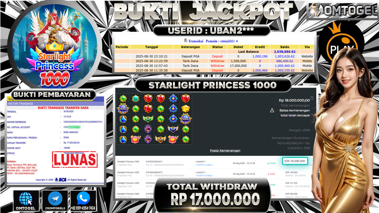 OMTOGEL JACKPOT PRAGMATIC PLAY STARLIGHT PRINCESS 1000 17 JUTA DI BAYAR LUNAS ,-