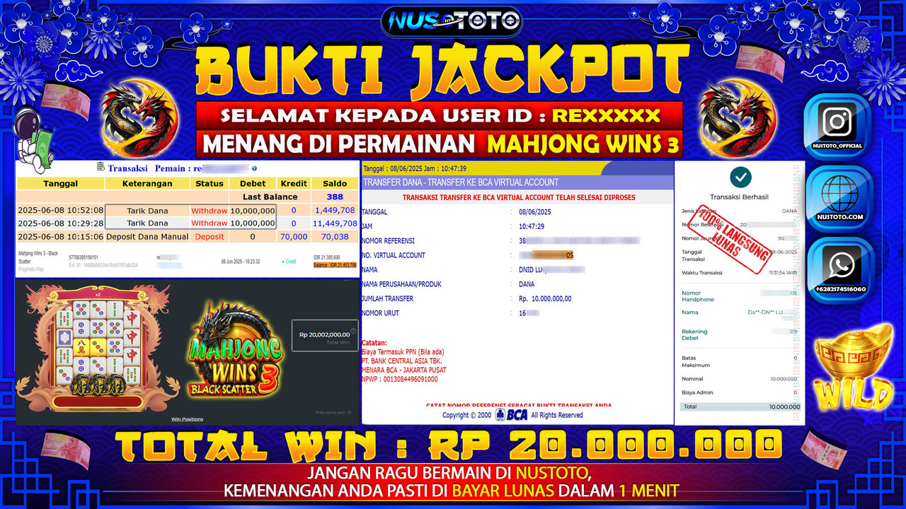 JACKPOT !! MENANG BESAR DI SLOT MAHJONG WINS 3 Rp. 20.000.000 LANGSUNG DI BAYAR LUNAS NUSTOTO !!