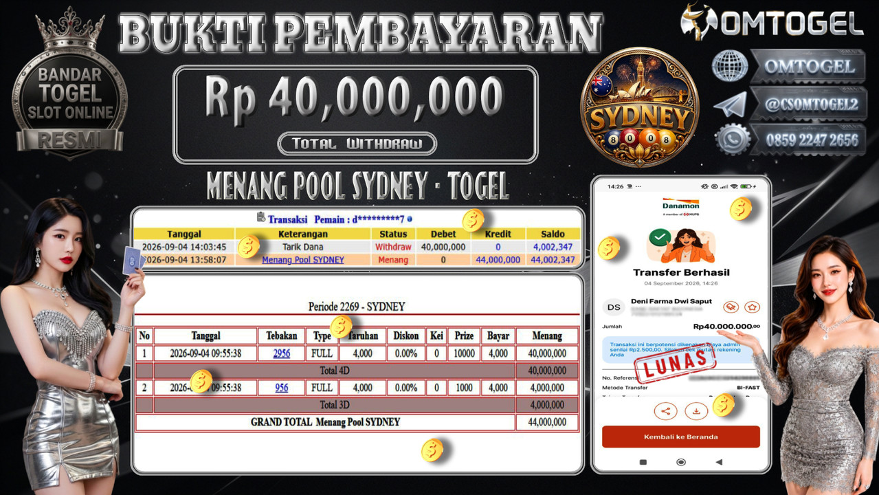 OMTOGEL JACKPOT MENANG TOGEL SYDNEY Rp.40,000,000,- DIBAYAR LUNAS 