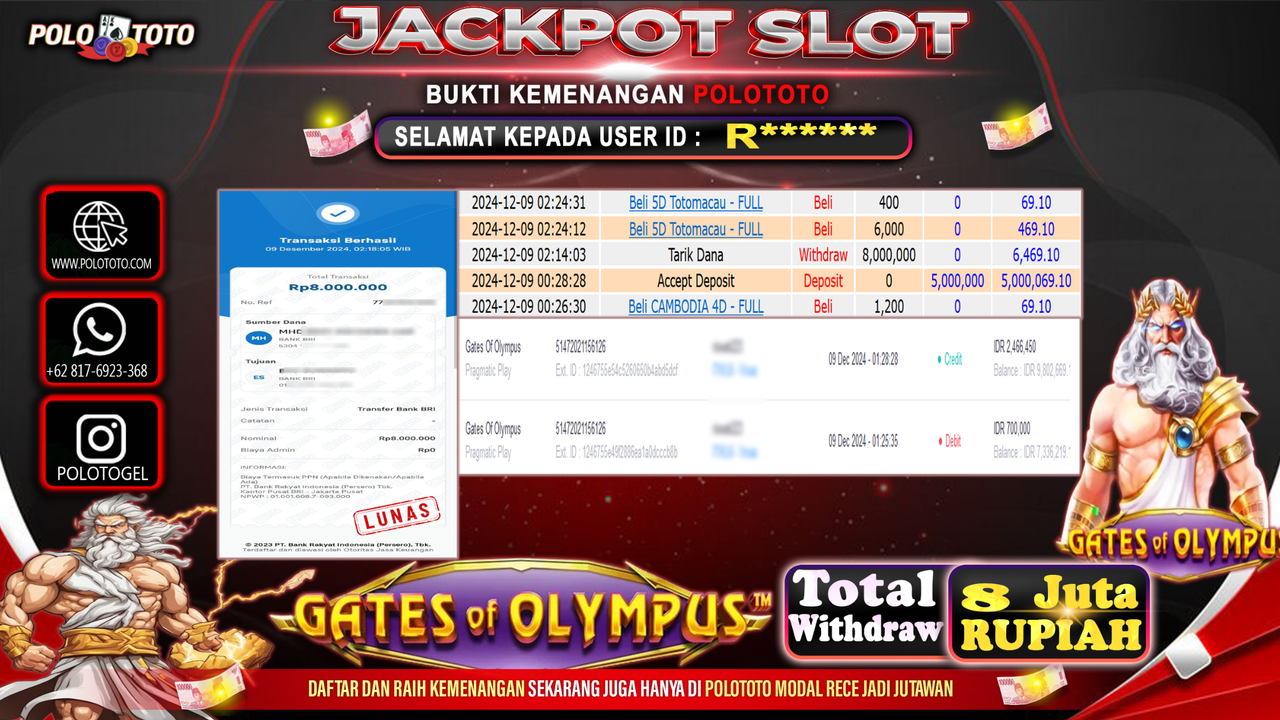 POLOTOTO JACKPOT SLOT GATES OF OLYMPUS Rp.8,000.000,-