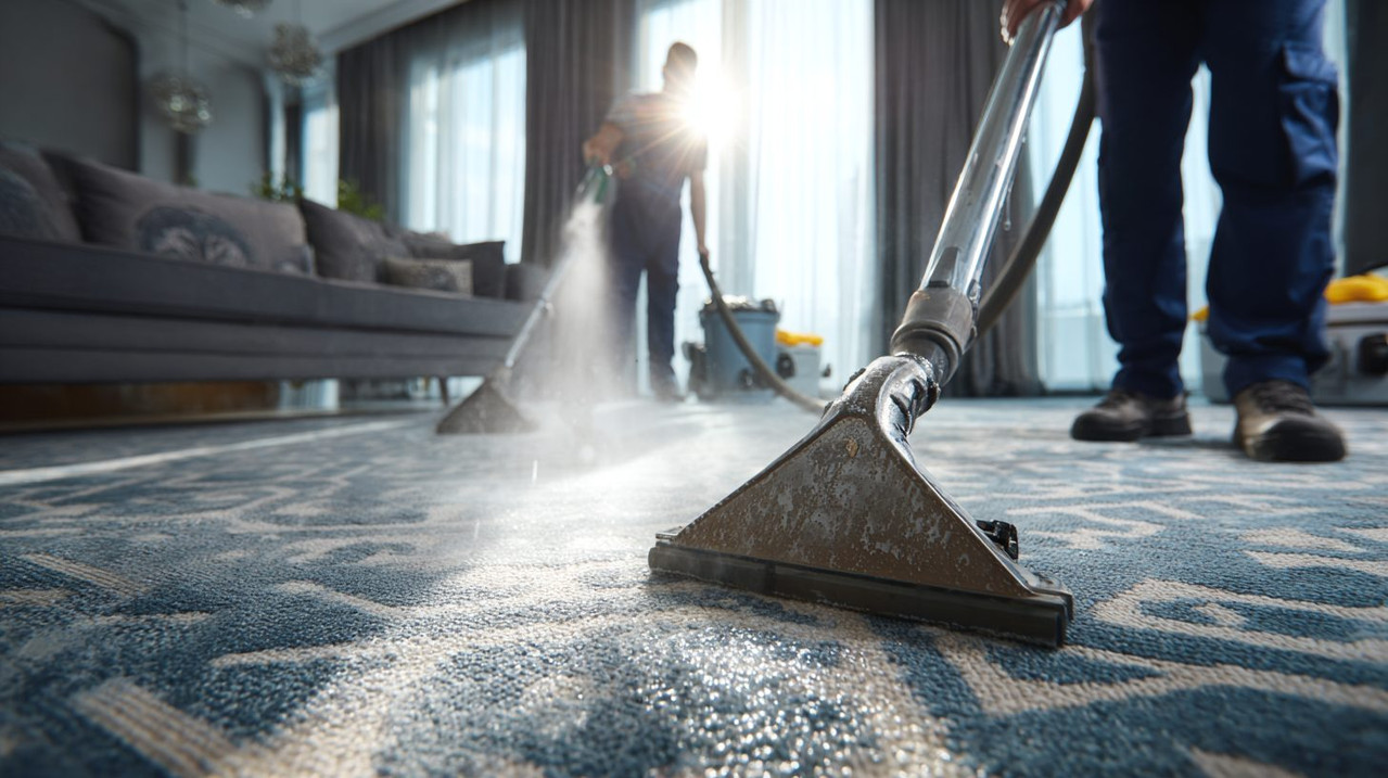 Процесс профессиональной чистки ковров в помещении