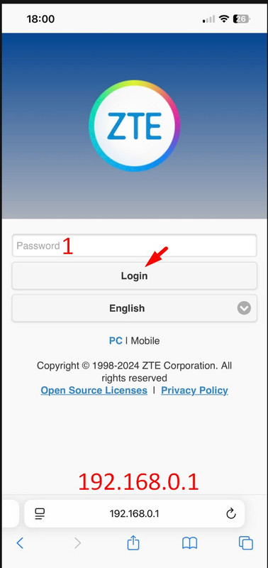 Màn hình đăng nhập quản trị ZTE tại 192.168.0.1