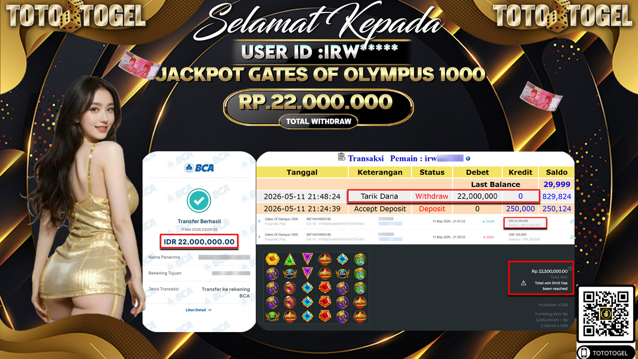 Bukti Pembayaran Jackpot Permainan Slot Gates Of Olympus 1000 ID:IRW*****LUNAS