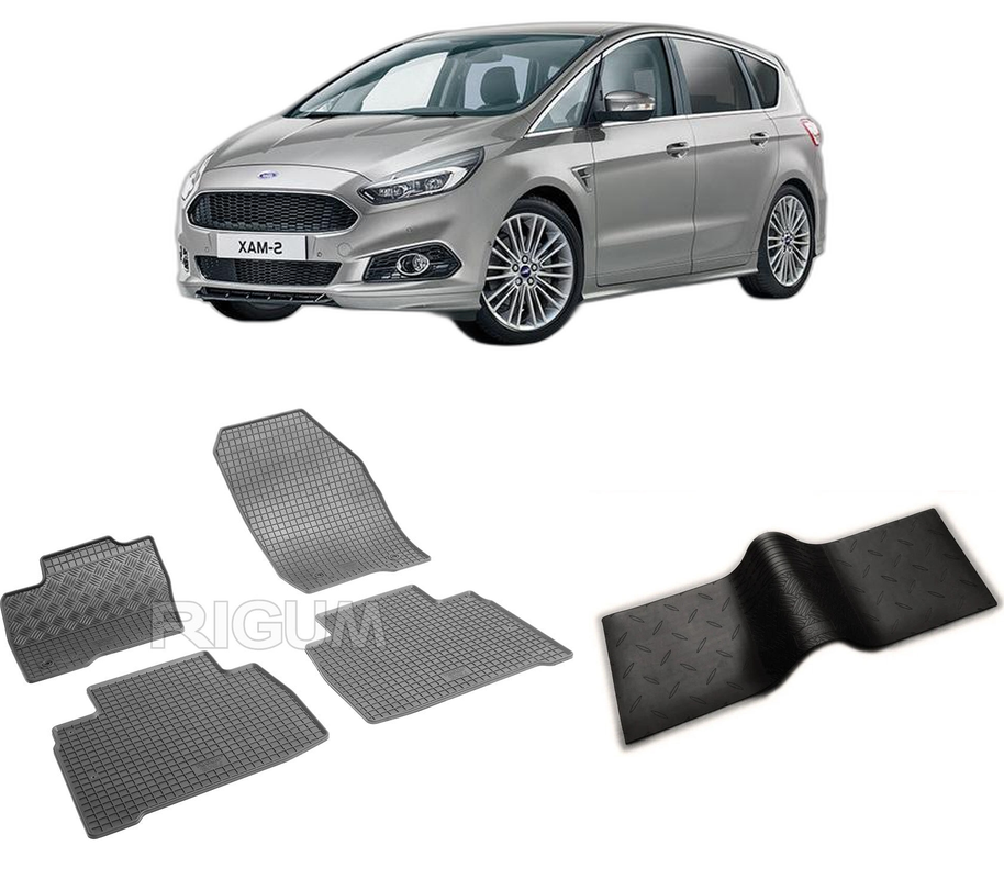 Set covorase auto FORD S-MAX II din 09.2015-PREZENT, cu covoras tunel median, CAROSERIE VAN, Presuri cauciuc 100%, compatibil cu autoturismul FORD S-MAX II, Rigum