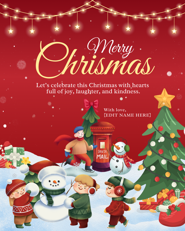 Kids Christmas Greeting Card – Cute Winter Scene (Editable in Canva)