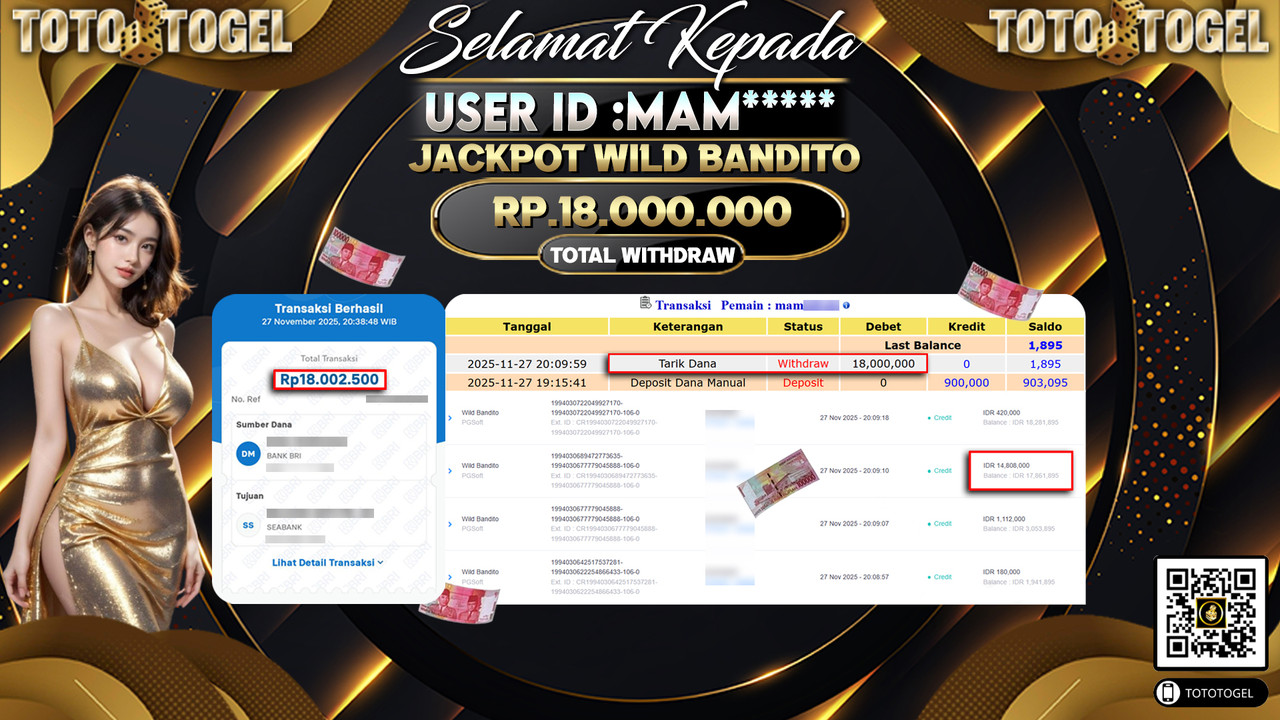 Bukti Pembayaran Jackpot Permainan Slot Wild Bandito ID:MAM***** LUNAS