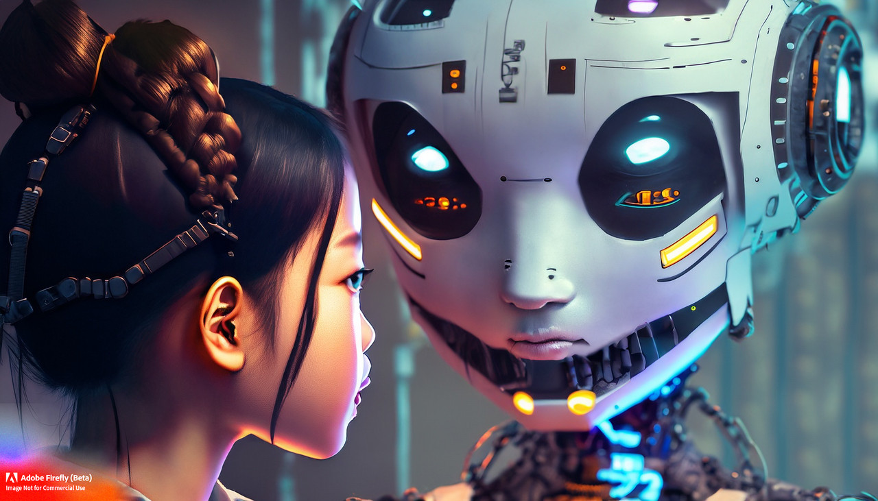 Firefly a girl looks at a scary robot gray and amber 54920