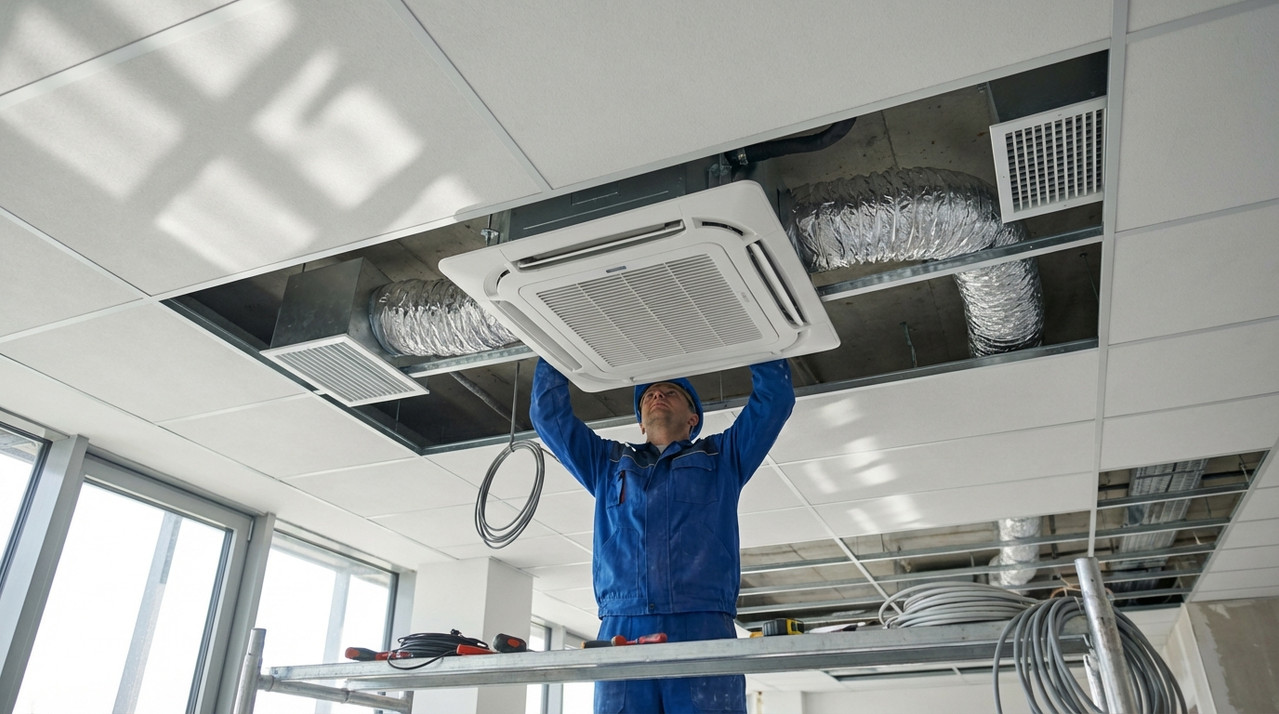 Установка кассетного фанкойла в потолок