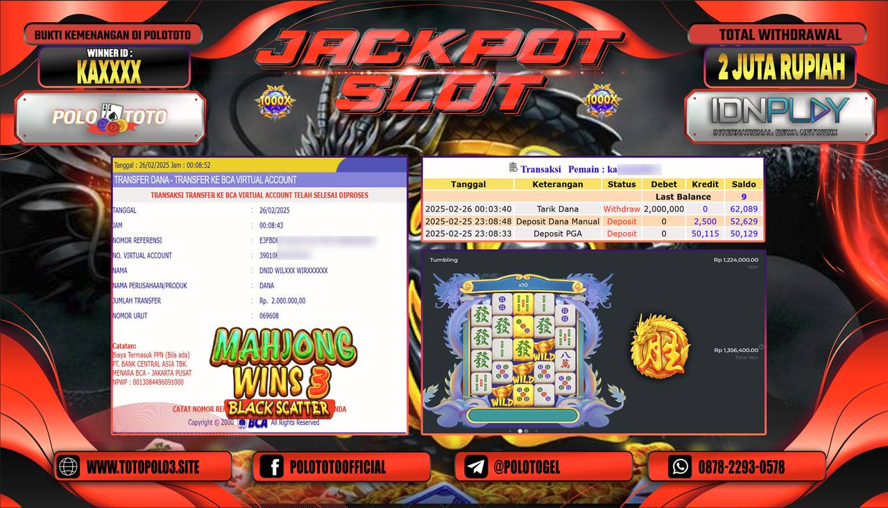 POLOTOTO JACKPOT SLOT MAHJONG WINS BLACK SCATTER 3 Rp.2.000.000,-