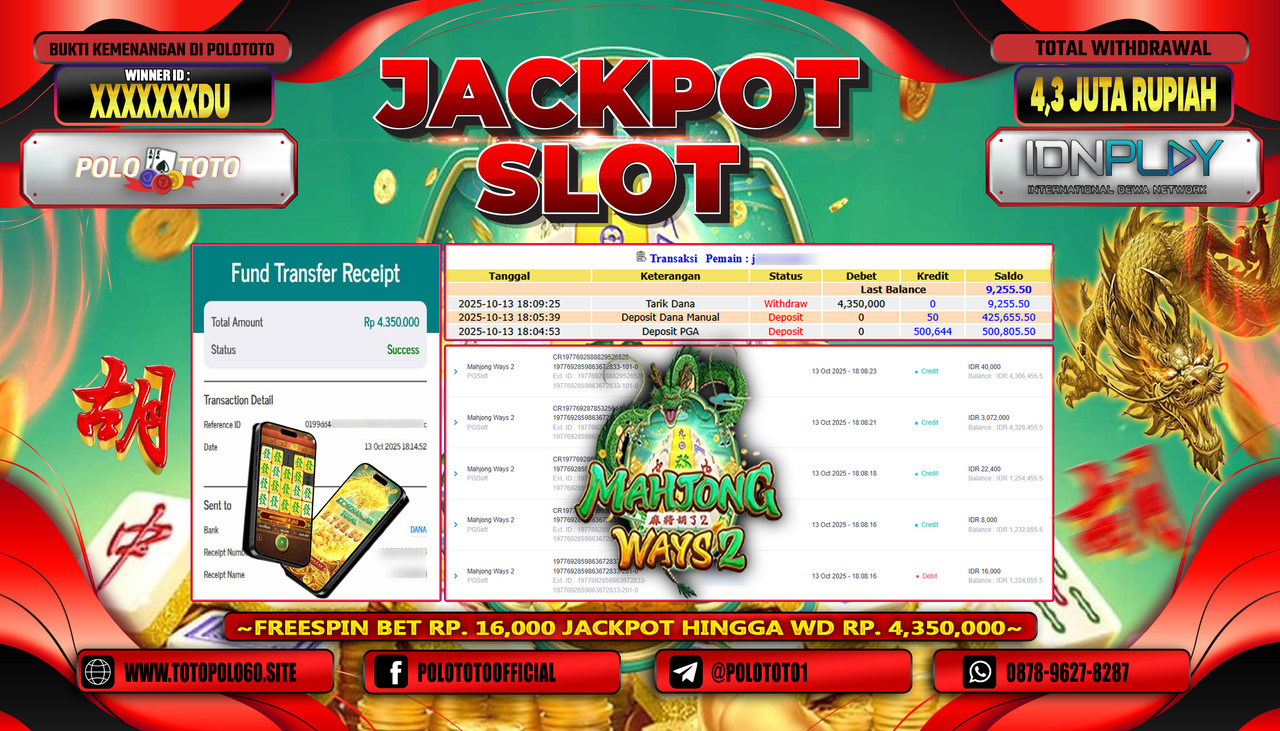 POLOTOTO JACKPOT SLOT MAHJONG WAYS 2 Rp.4.300.000,- LUNAS