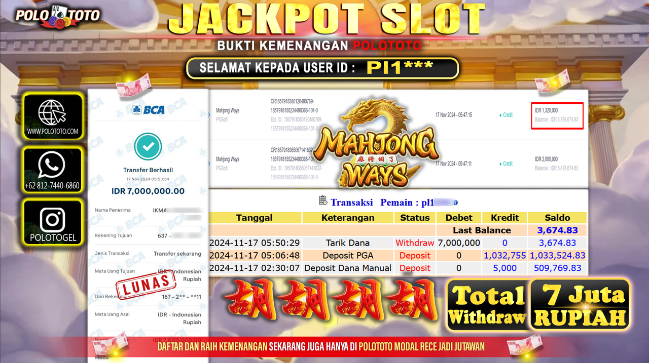 POLOTOTO JACKPOT SLOT MAHJONG WAYS Rp.7.000.000,- 