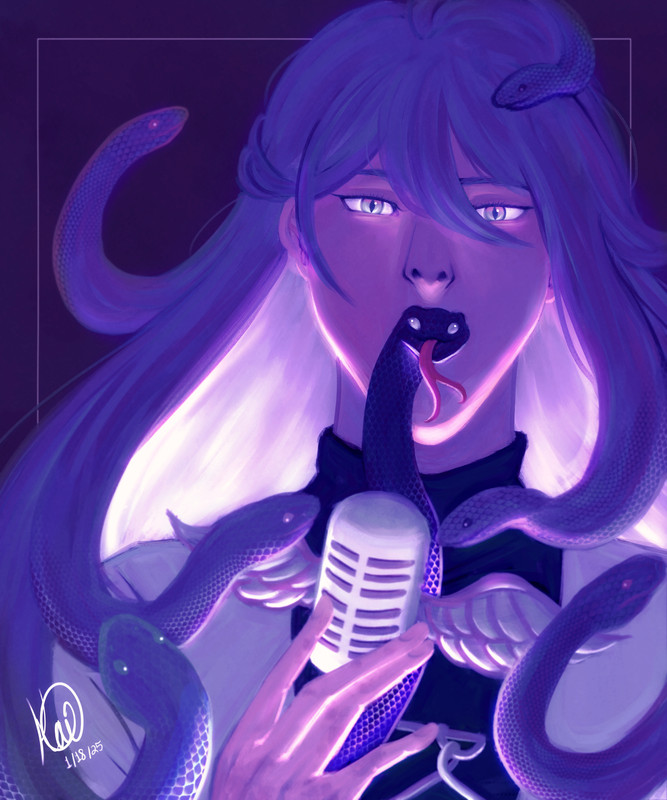 An illustration of Jinguji Jakurai (Hypnosis Mic). The strands of his hair slither as snakes, and the snake on his mic takes centerstage. It's right in front of Jakurai's mouth, sticking its tongue out in his stead. The pupils of Jakurai's are also serpentine.