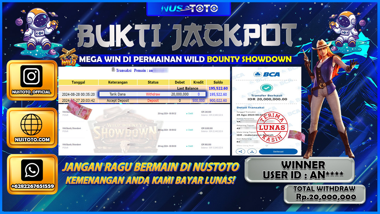 MEGA WIN !!! KEMENANGAN BESAR DI PERMAINAN WILD BOUNTY SHOWDOWN SEBESAR RP 20.000.000 !!! DI BAYAR LANGSUNG LUNAS OLEH NUSTOTO !!!