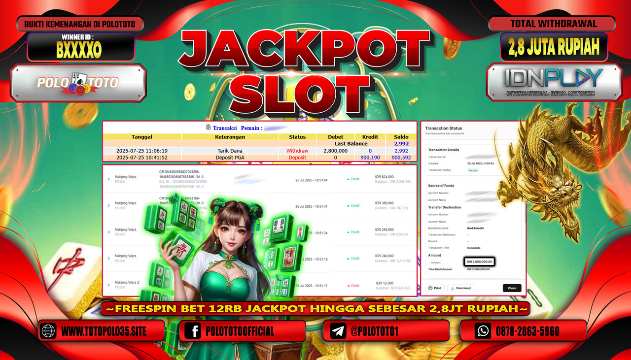 POLOTOTO JACKPOT SLOT MAHJONG WAYS Rp.2.800.000,-LUNAS