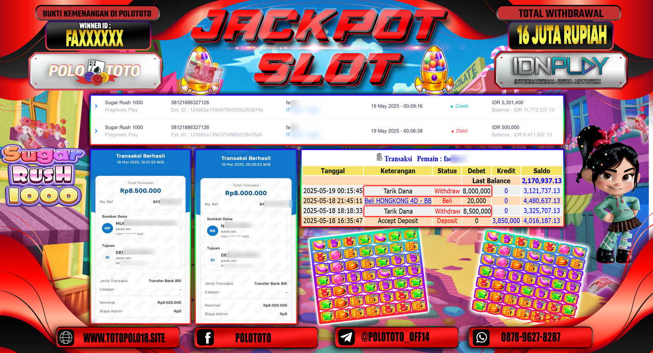 POLOTOTO JACKPOT SLOT SUGAR RUSH 1000 Rp.16.500.000,-