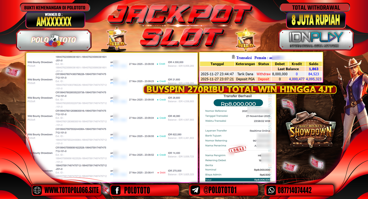POLOTOTO JACKPOT SLOT WILD BOUTHY SHOWDOWN Rp.8.0000.000,- LUNAS