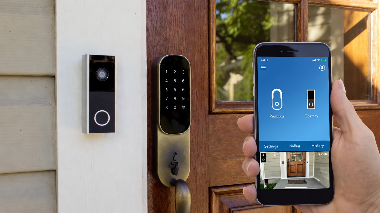 Smart door lock and video doorbell installed on a front door showing app interface on a smartphone