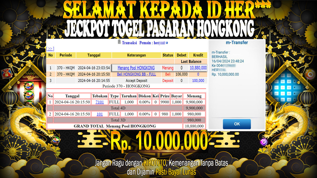 JECKPOT !! MODAL RATUSAN DAPAT MENANG BESAR DI TOGEL PASARAN HONGKONG SEBESAR Rp 10,000,000 LANGSUNG DAN TANPA BASA BASI DI BAYAR KIKOTOTO !!!