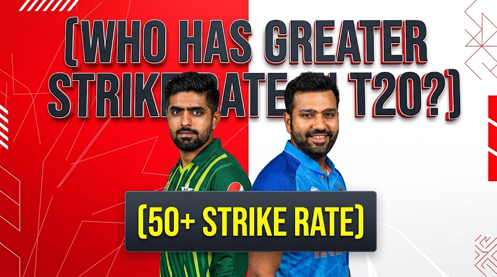 AI-generated example result for the youtube-thumbnail prompt: Sports – "WHO HAS GREATER STRIKE RATE IN T20? / 50+ STRIKE RATE" | Sports Match Preview Youtube Thumbnail AI YouTube Thumbnail Prompt