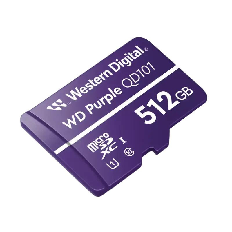 Tarjeta microSD WD Purple de 512GB, diseñada para la grabación continua 24/7.