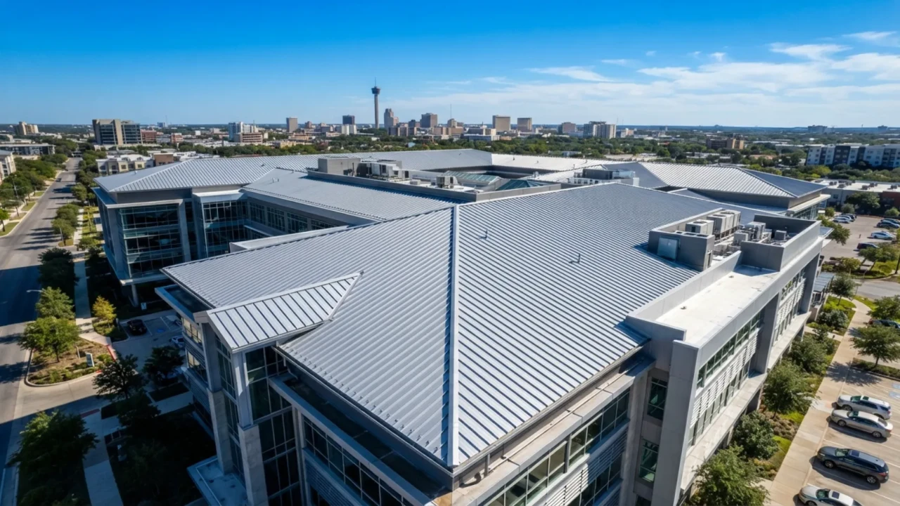 Corrugated metal roofing panels 26 gauge installed on commercial building San Antonio Texas