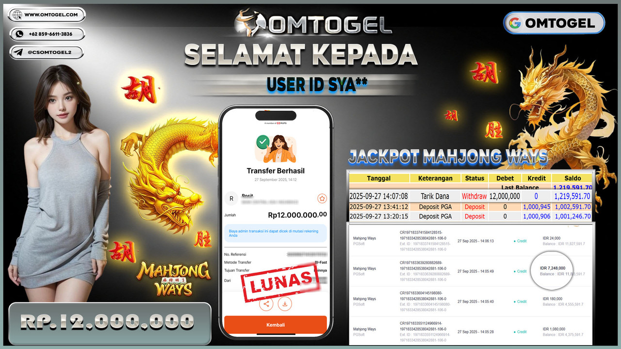 OMTOGEL JACKPOT PGSOFT MAHJONG WAYS 12 JUTA DI BAYAR LUNAS ,-
