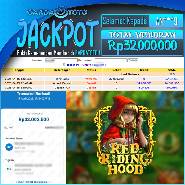 JACKPOT SLOT MAIN DI SLOT RED RIDING HOOD WD Rp 32.000.000,- DIBAYAR LUNAS GARDATOTO MANTAP !
