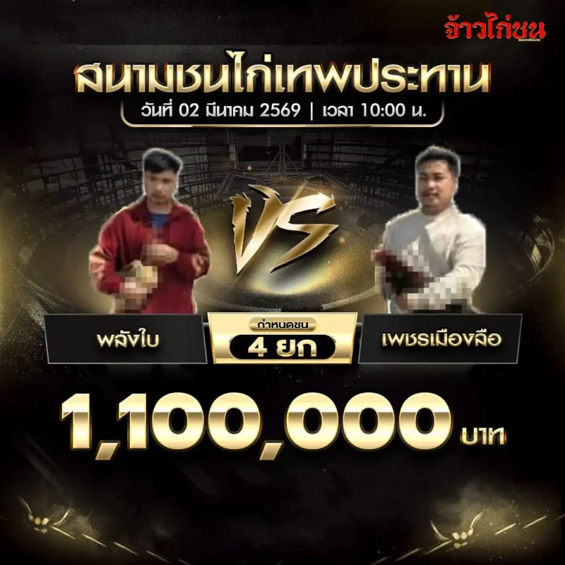 รูปคู่ พลังใบ พบ เพชรเมืองลือ ชิง 1,100,000 บาท กำหนดชน 4 ยก สนามชนไก่เทพประทาน