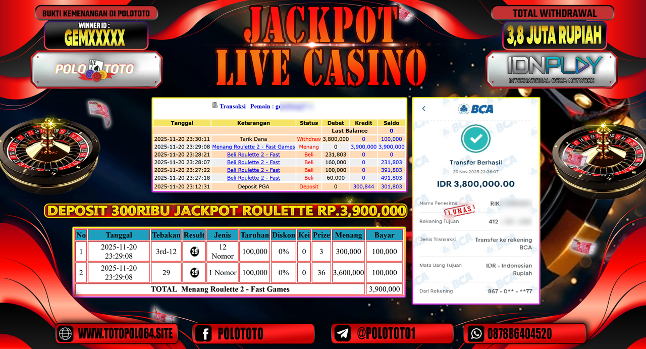 POLOTOTO JACKPOT LIVE CASINO MENANG ROULETTE 2 - FAST GAMES Rp.3.800.000,- LUNAS