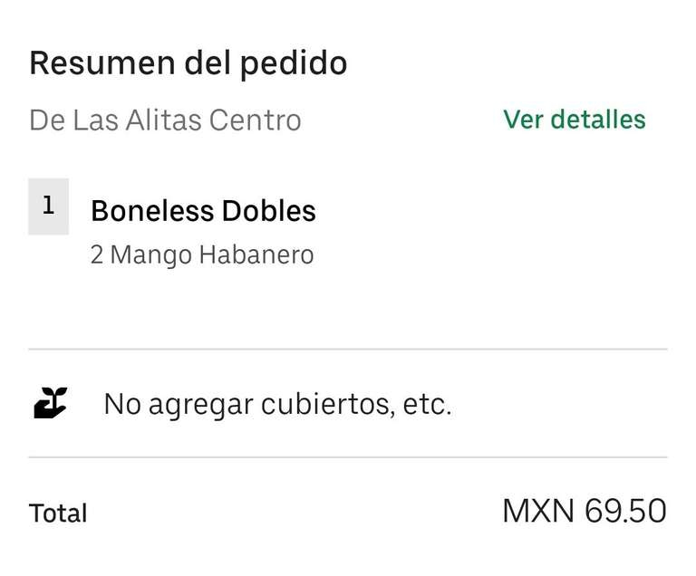 Uber Eats: Las Alitas Boneless Dobles a 69.50 pesos 
