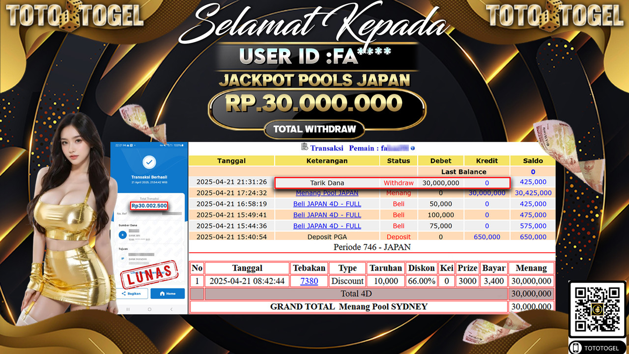 Bukti Pembayaran Jackpot  Permainan Togel Pools Japan ID:FA***** LUNAS