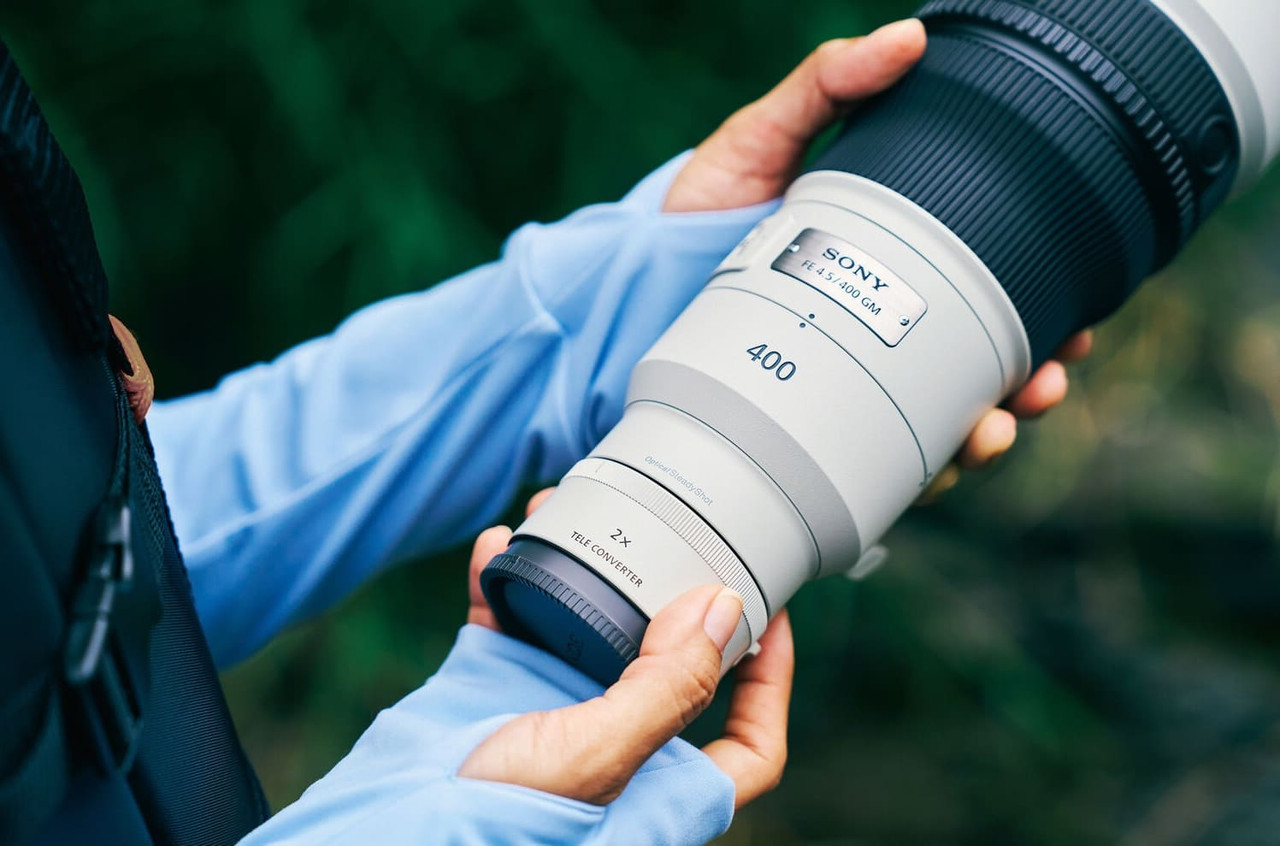 Sony FE super-telephoto GM lens with a teleconverter attached
