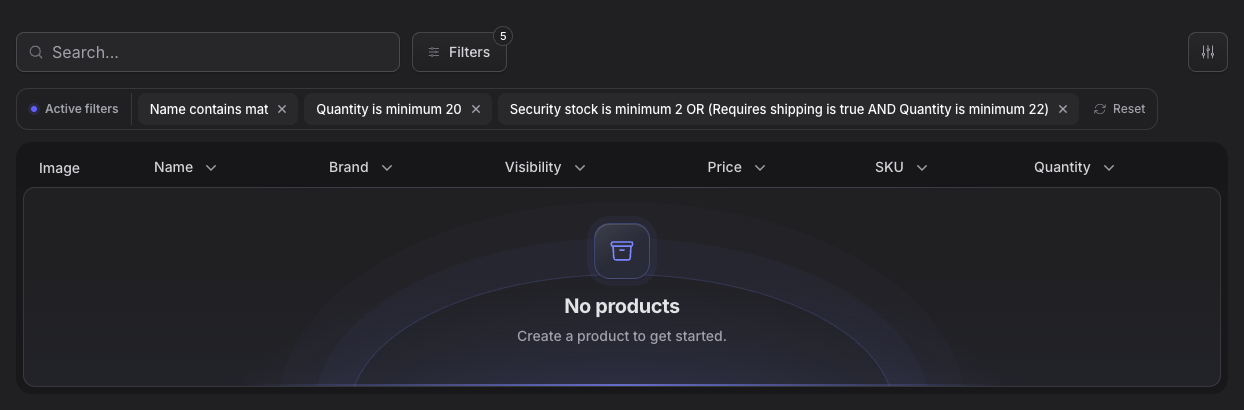 Stature Theme active table filters and empty state in dark mode
