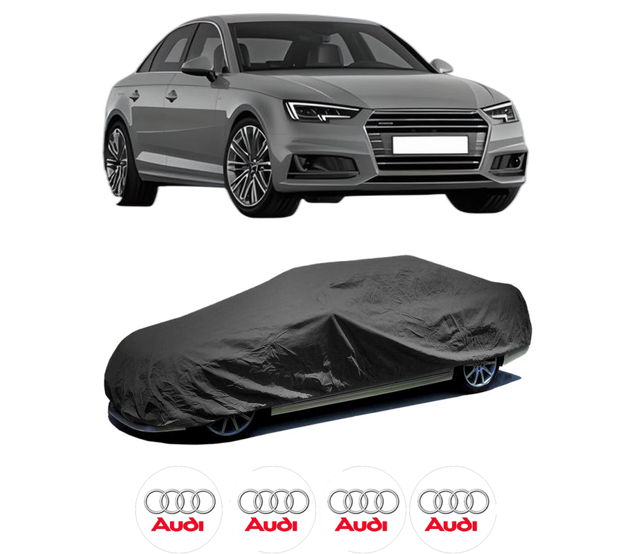 Husa tip prelata auto pentru AUDI A4 B9 (8W2, 8WC) din 2015-2021, Culoare Negru, material textil impermeabil, rezistanta la intemperii praf UV, CARPASSION Husa Protectie, 4 Stickere auto cu AUDI